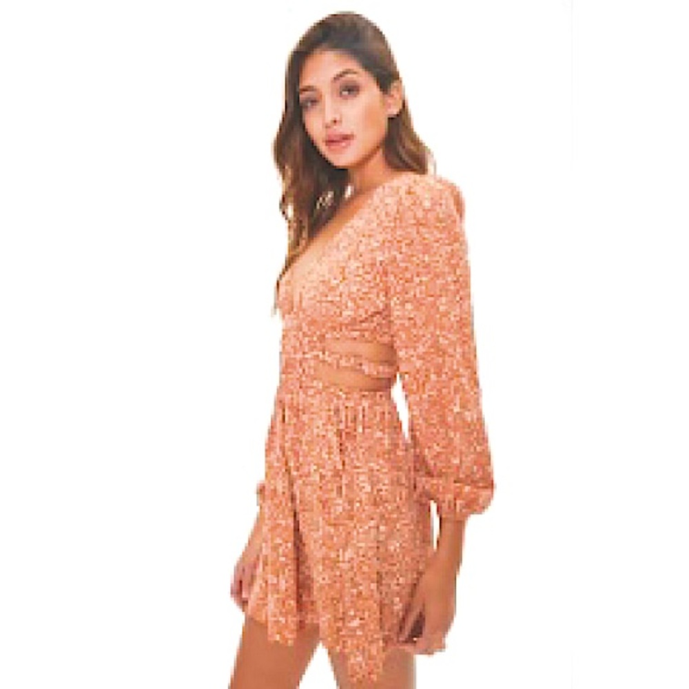 Forever 21 Paisley Print Mini Dress with Cut Out Sides, Amber and Cream, size S
